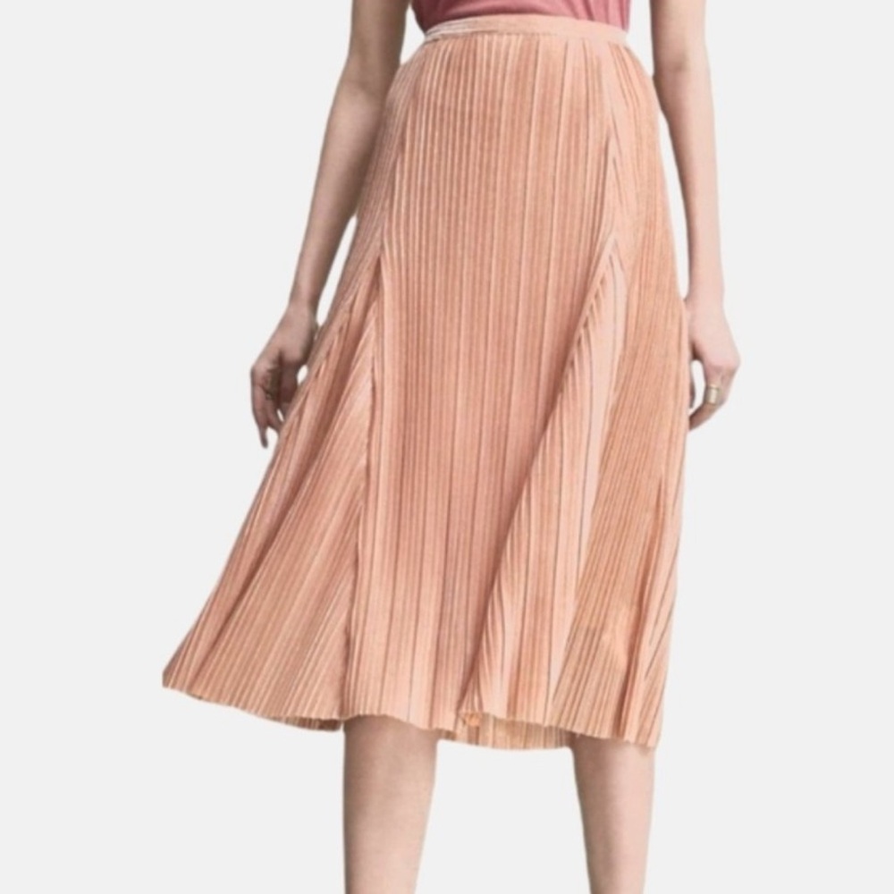 Anthropologie Maeve Ambra Pleated Midi Skirt Pink Rose Gold Metallic Size XS